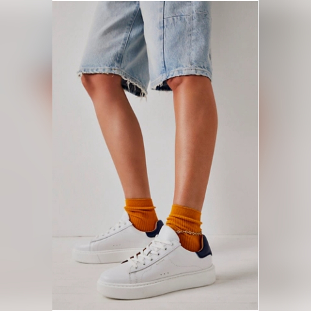 Free People X Alohas Gia Sneaker Leather White Blue Size 8-8.5